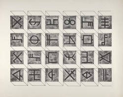 Grid of abstract symbols in textured squares